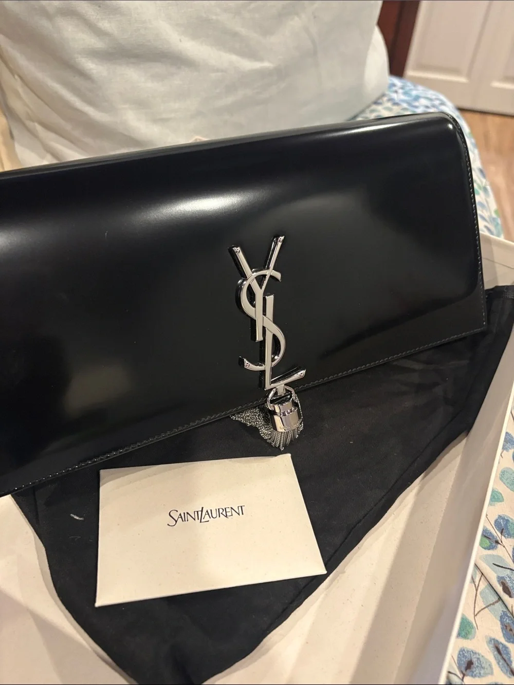 Saint Laurent Black Patent Leather Tassel YSL Clutch